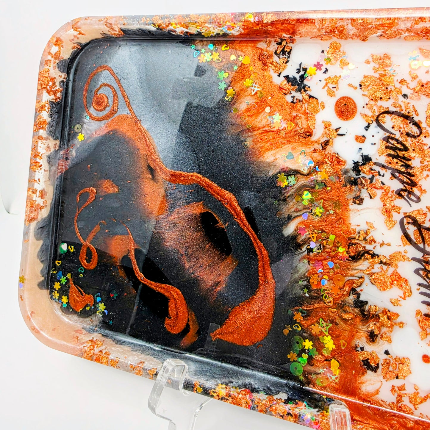 Handmade Resin Rolling Tray Set – Copper Black White Marble | Carpe Diem | 4-Piece Set with Ashtray, Jars + Pipe Rest | Savage Studio Creations