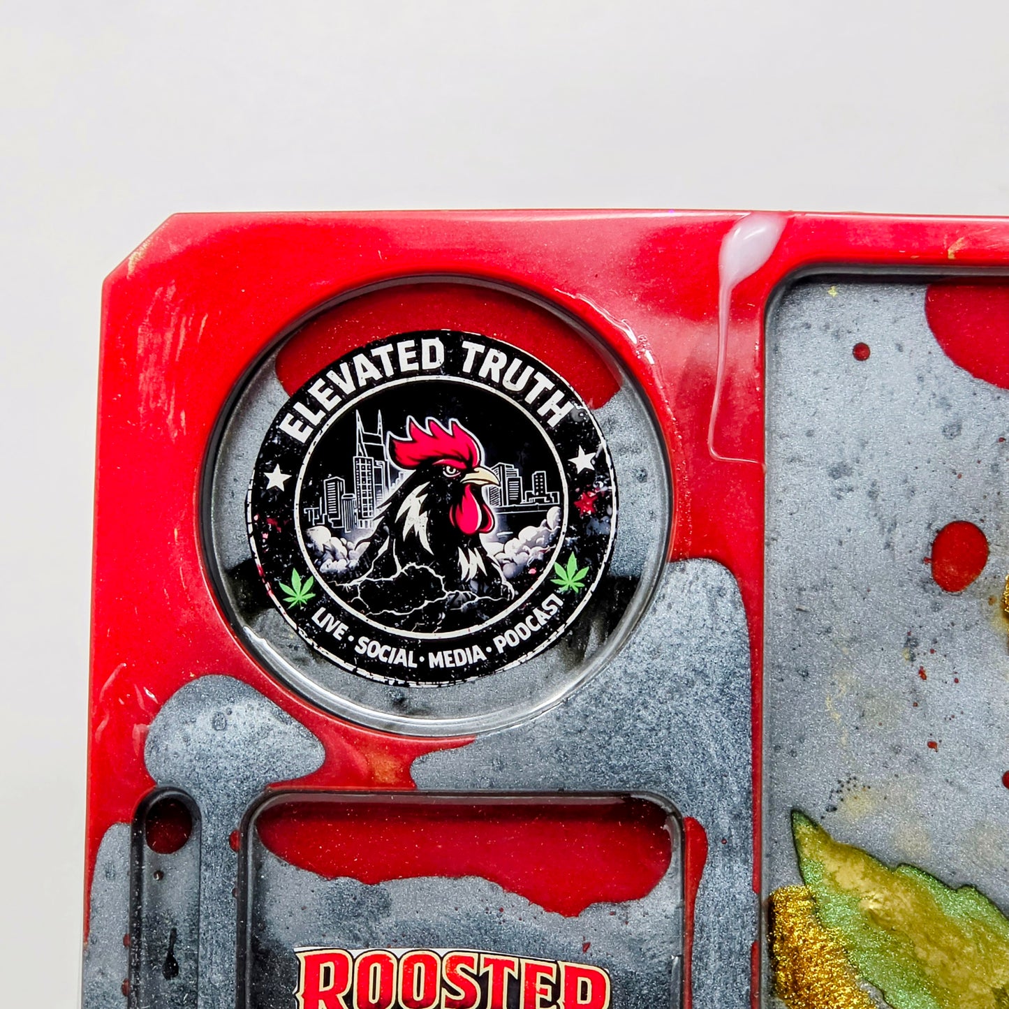 Handmade Resin Rolling Tray – Rooster Squad Official | Red Grey Black Gold Green Mica | Elevated Truth Collector Tray | Savage Studio Creations