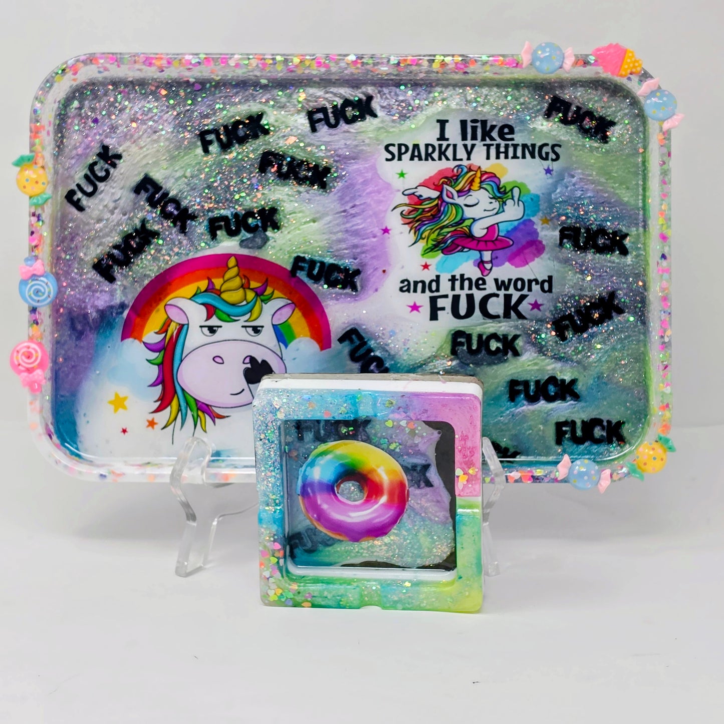 Handmade Resin Rolling Tray Set – Snarky Unicorn | I Like Sparkly Things & the Word F*ck | Neon Galaxy Tray + Ashtray | Savage Studio Creations