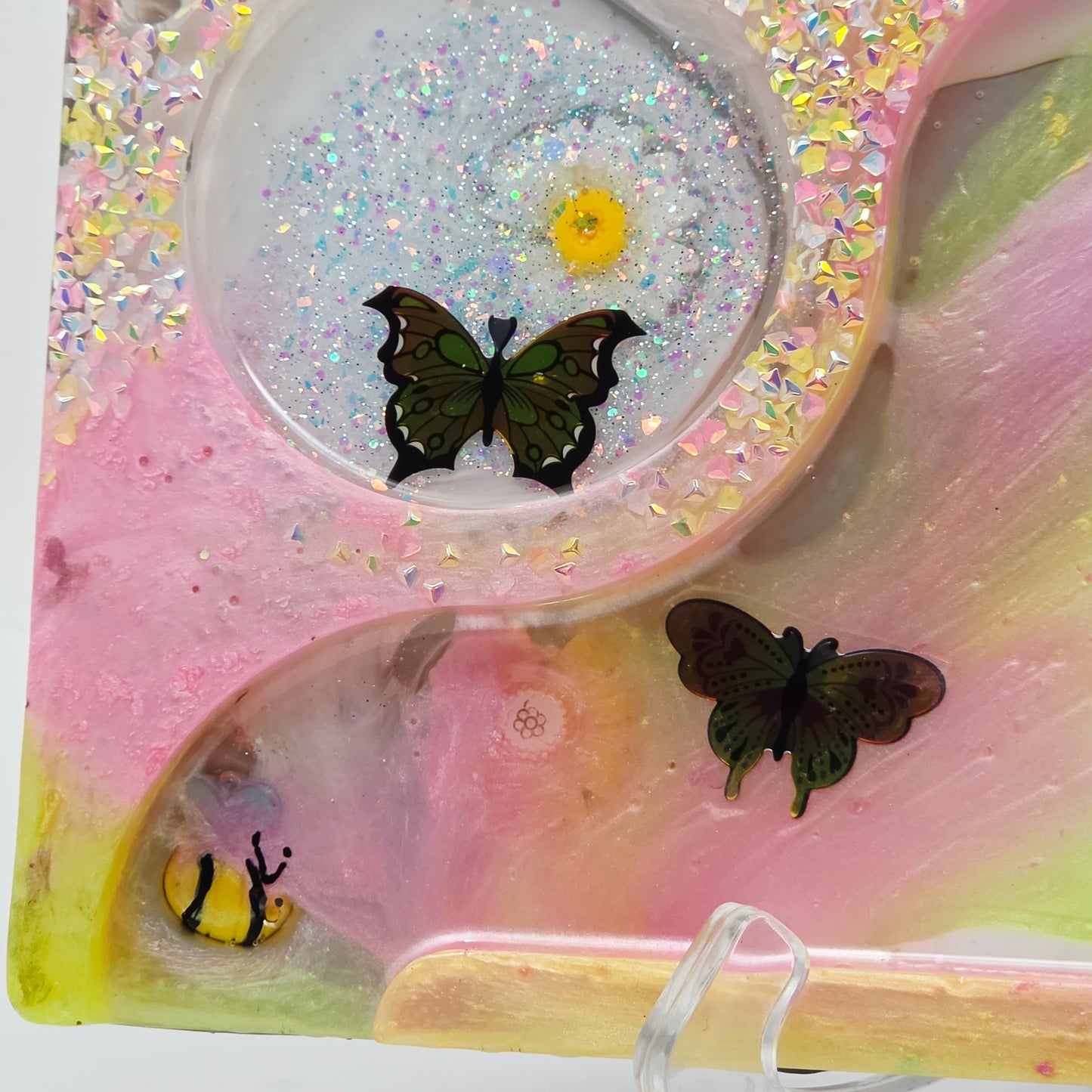 Handmade Resin Rolling Tray Set – Shhh No One Cares Skeleton | Pink Yellow Black Pearl Glitter | Butterflies + Tray & Ashtray Set | Savage Studio Creations