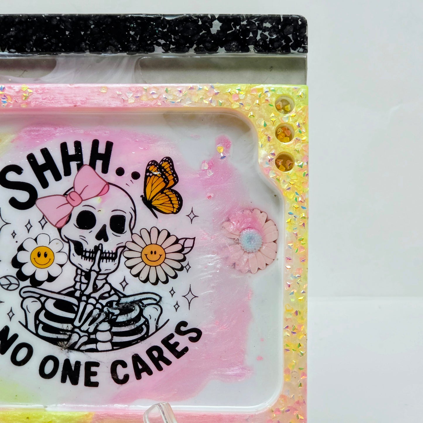 Handmade Resin Rolling Tray Set – Shhh No One Cares Skeleton | Pink Yellow Black Pearl Glitter | Butterflies + Tray & Ashtray Set | Savage Studio Creations
