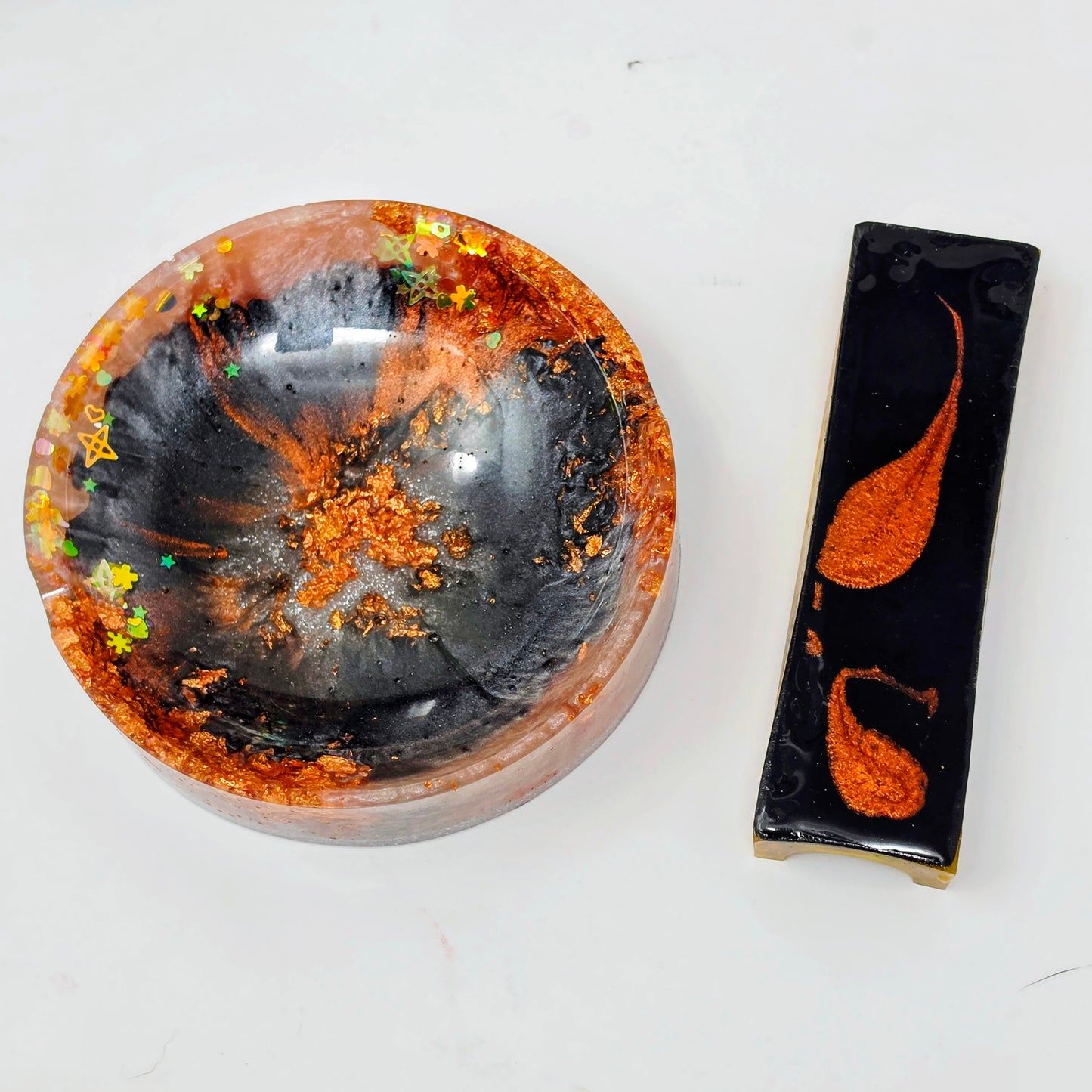 Handmade Resin Rolling Tray Set – Copper Black White Marble | Carpe Diem | 4-Piece Set with Ashtray, Jars + Pipe Rest | Savage Studio Creations