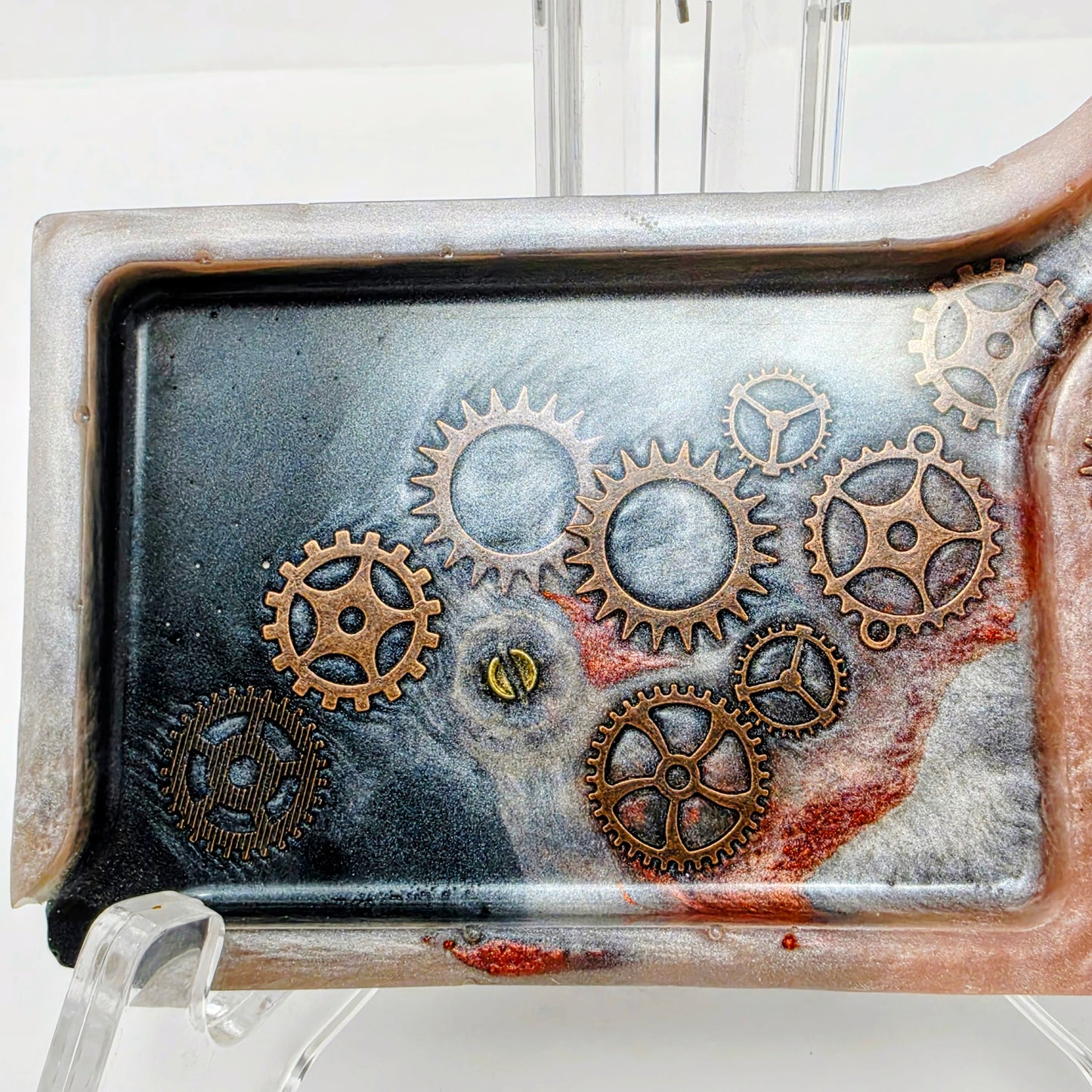 Handmade Steampunk Resin Rolling Tray – Copper Black Silver Gears | Hand Sized Unique Shape | Industrial Art Tray | Savage Studio Creations