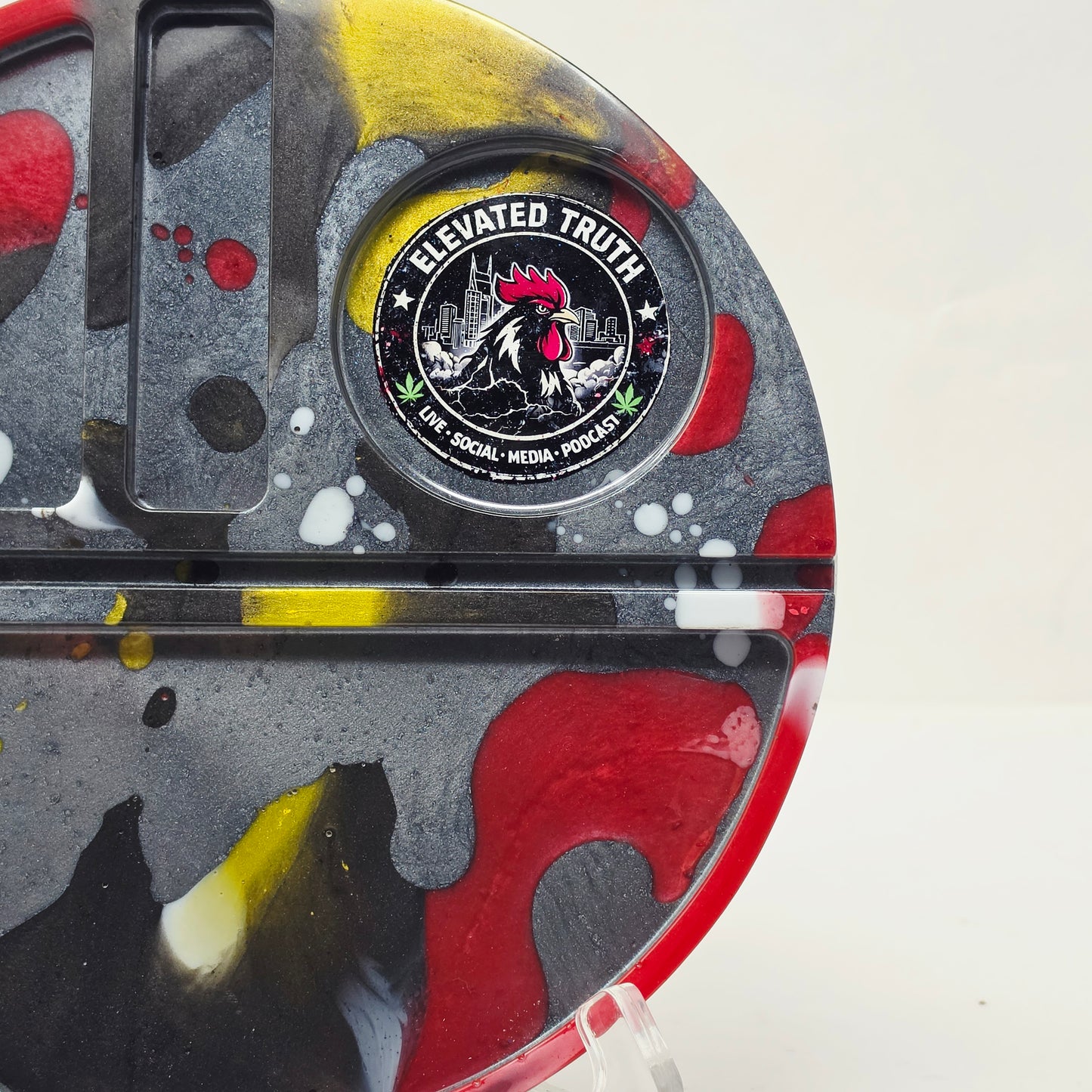 Handmade Round Resin Rolling Tray – Rooster Squad Official | Red Yellow Black Grey Liquid Metal | Elevated Truth Collector Tray | Savage Studio Creations
