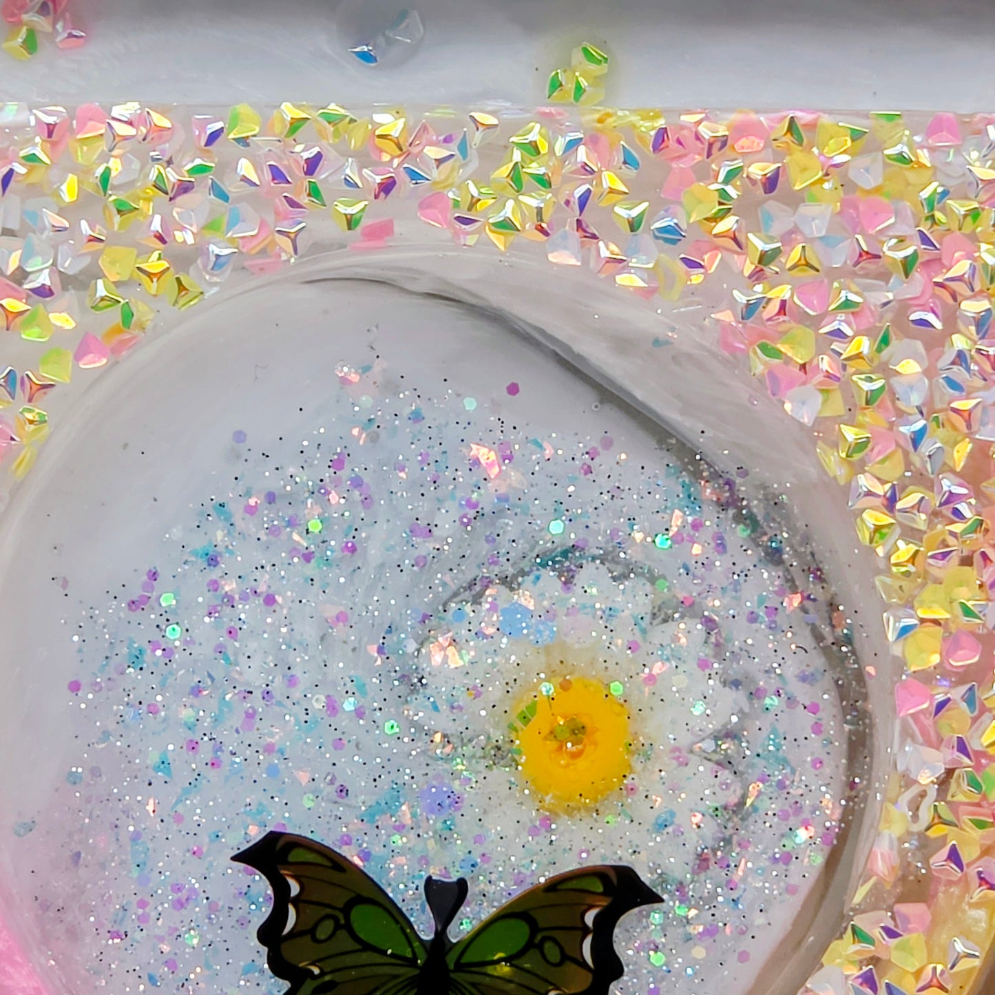 Handmade Resin Rolling Tray Set – Shhh No One Cares Skeleton | Pink Yellow Black Pearl Glitter | Butterflies + Tray & Ashtray Set | Savage Studio Creations