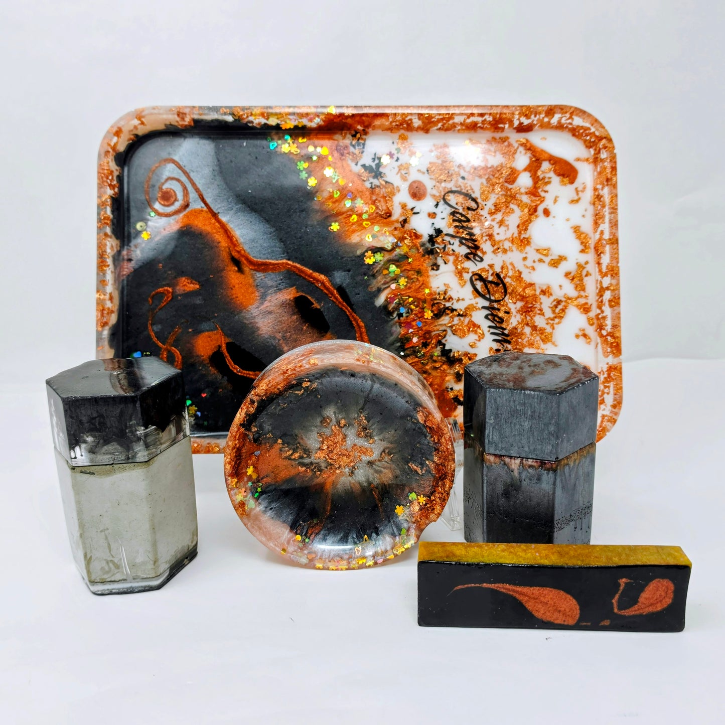 Handmade Resin Rolling Tray Set – Copper Black White Marble | Carpe Diem | 4-Piece Set with Ashtray, Jars + Pipe Rest | Savage Studio Creations